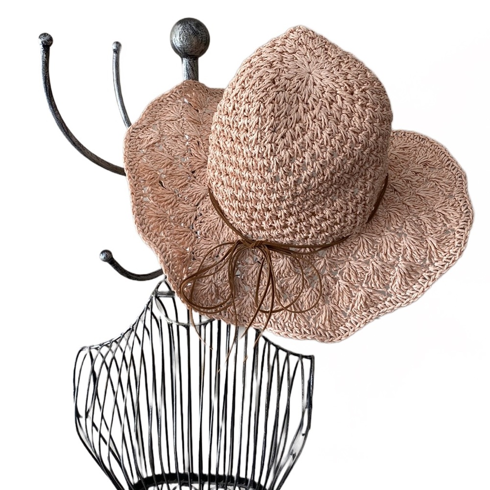 Straw Sun Hat with Bow Trim - Blush Pink